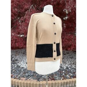 Gianfranco Ferre Womens Cardigan Sweater Size 44 Taupe & Black Leather Buttons